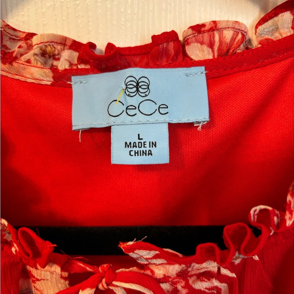 CeCe Red Floral Ruffle Tie Neck Sheer Blouse Size Large Romantic Boho Top - Picture 3 of 9